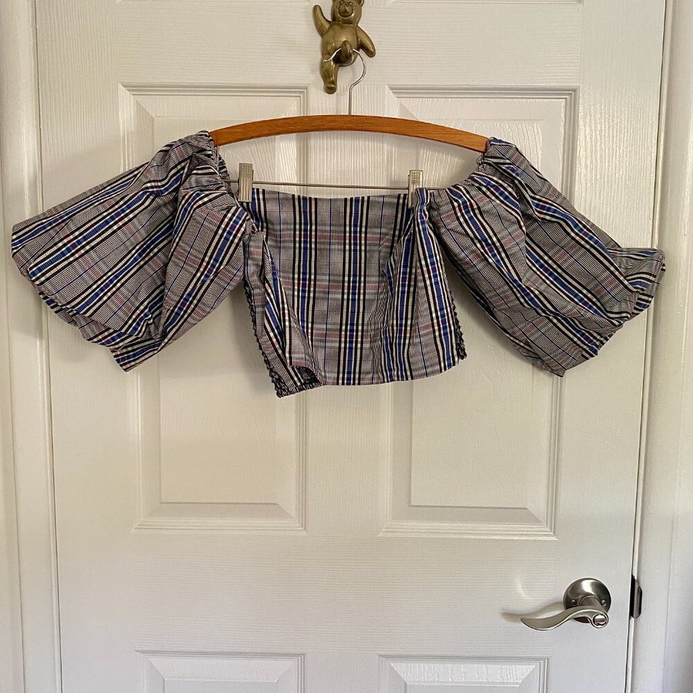 Dramatic Blue and Black Plaid Bustier with Balloon Arms and Side Zipper